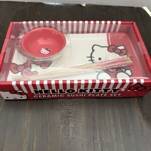 Hello Kitty 3-Piece Red Ceramic Sushi Plate With Soy Sauce Bowl Chopsticks New